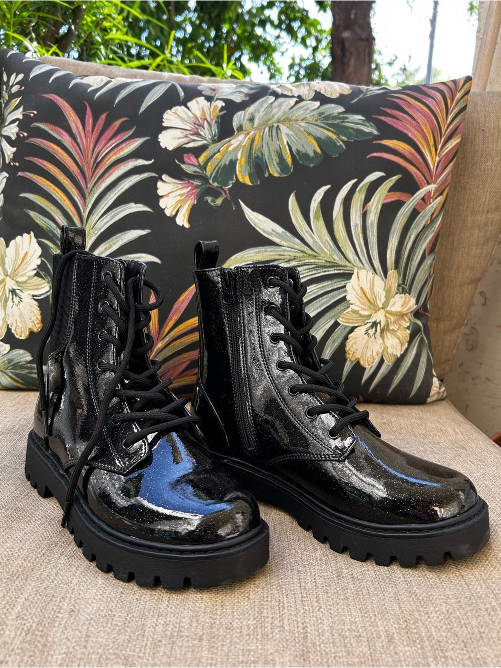 Girls Black Glitter Combat Boots Size 4